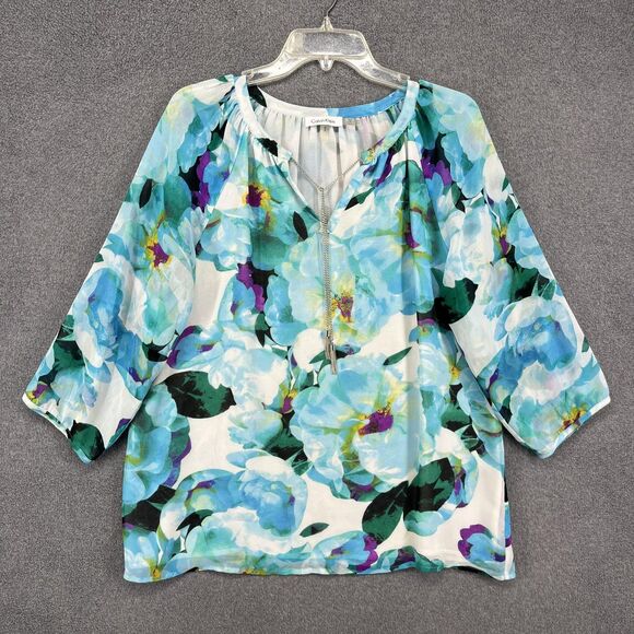 Calvin Klein Blouse Womens Medium Blue Floral Split Neck Chain Tassel Sheer - Picture 1 of 16